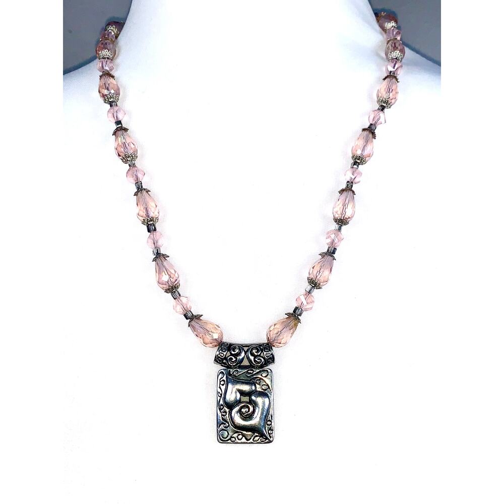 Vintage Pink Cushion Cut Beaded Silver Heart Pendant Statement Necklace